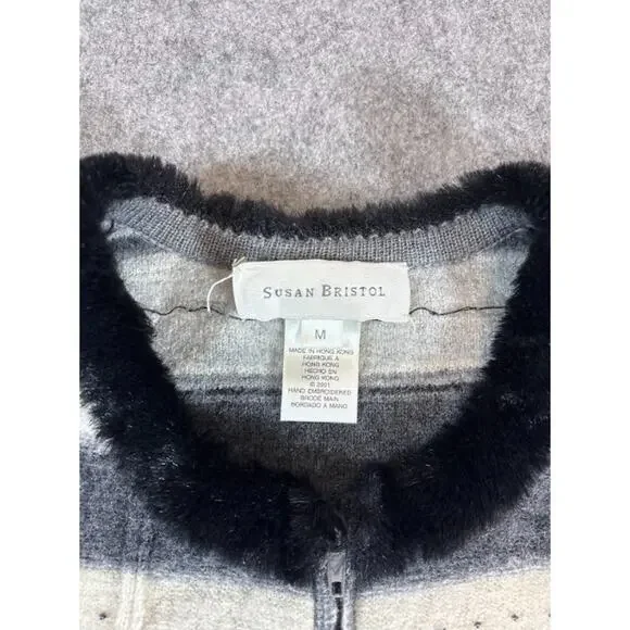 VTG Susan Bristol Hand Embroidered Wool Cardigan Womens M Striped Neutral Cozy - Picture 4 of 9